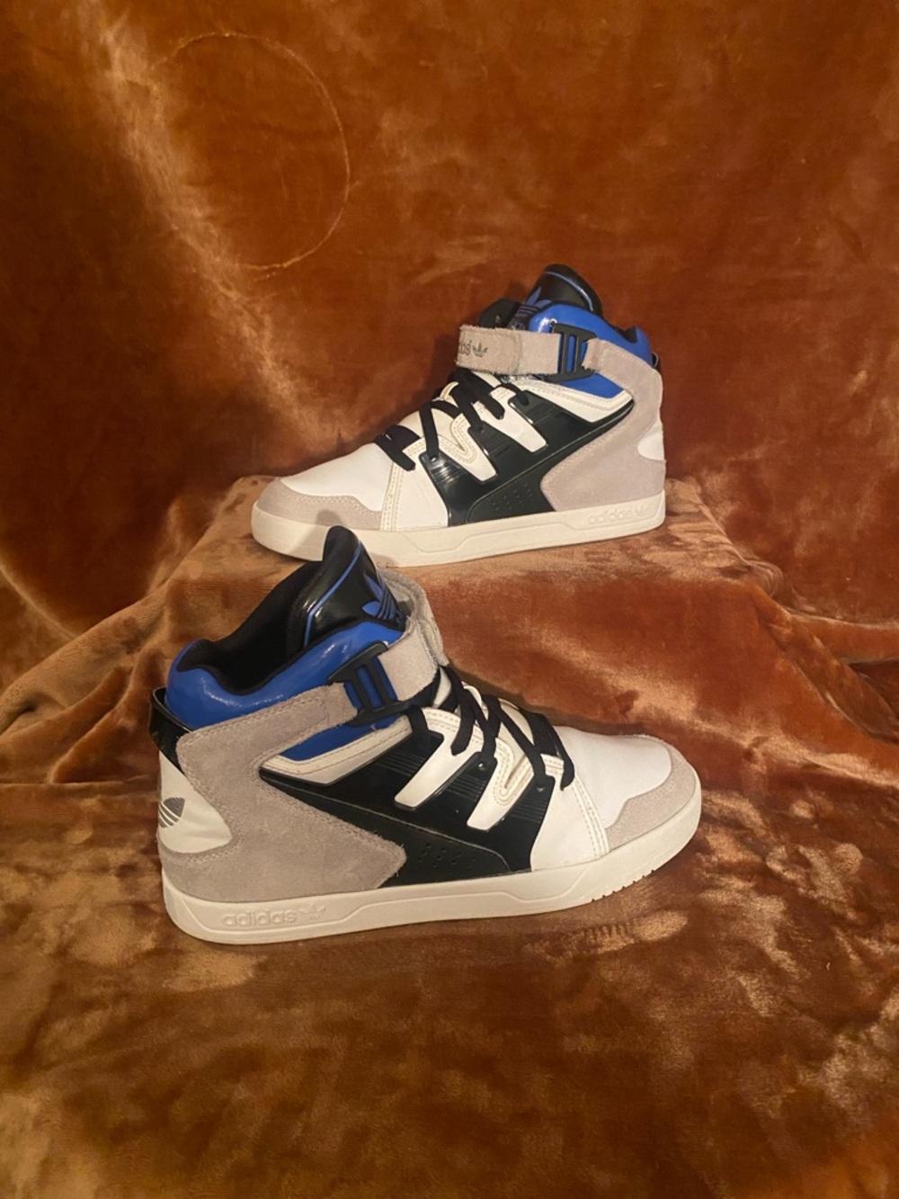 adidas Mid-Top Sneakers in White, Black & Blue with Gray Suede